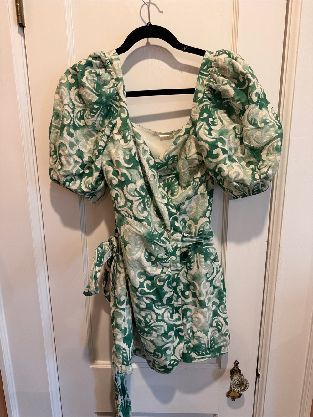 Alexis Green and Cream Patterned Puff-Sleeve Wrap Dress